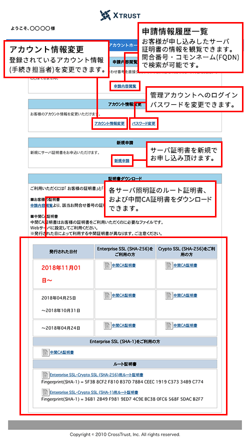 証明書管理画面機能一覧